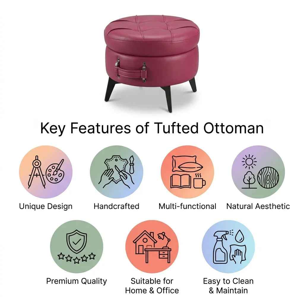 Tufted ottoman with key features listed on a white background