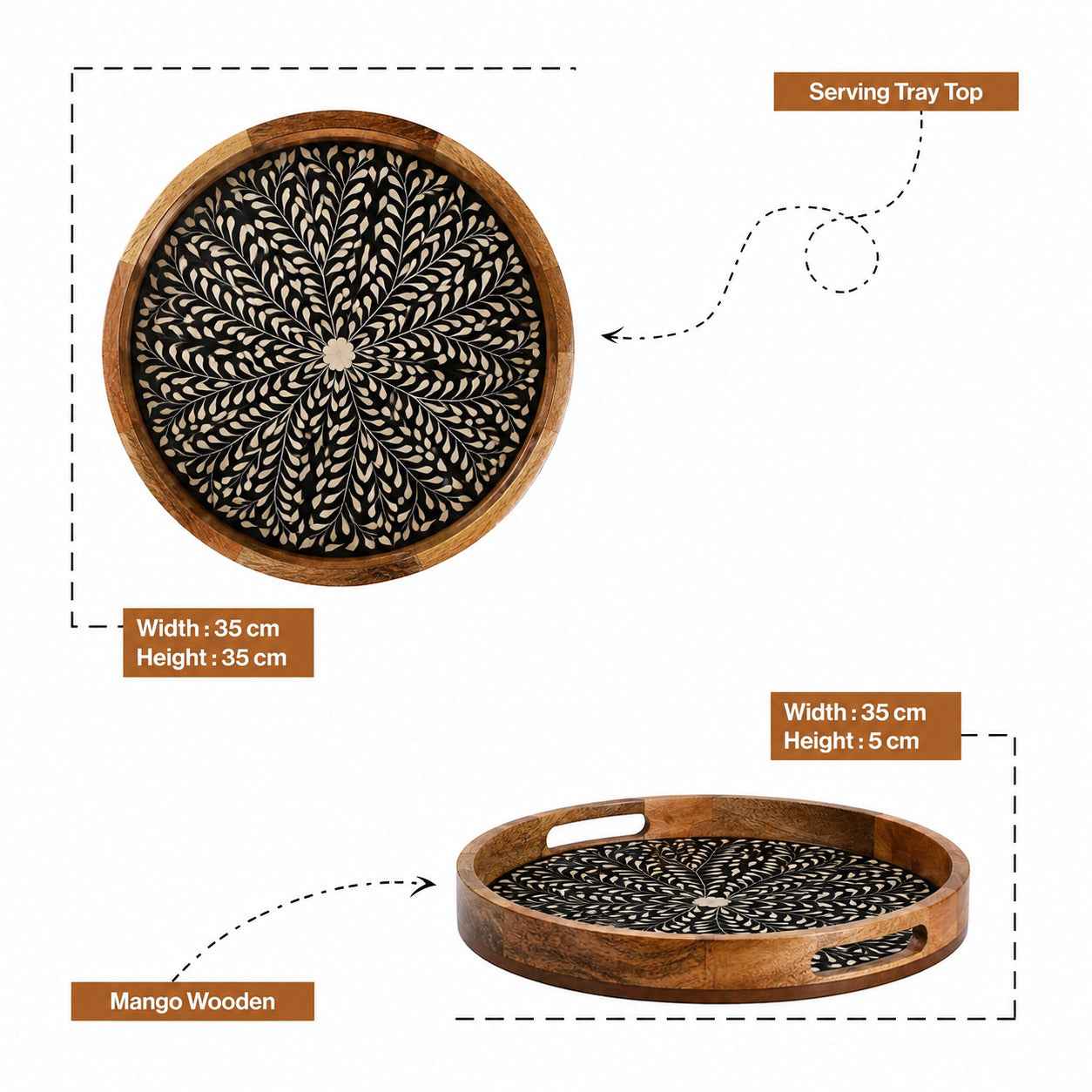 Premium Mango Wood Round Serving Tray with Black Petals Design