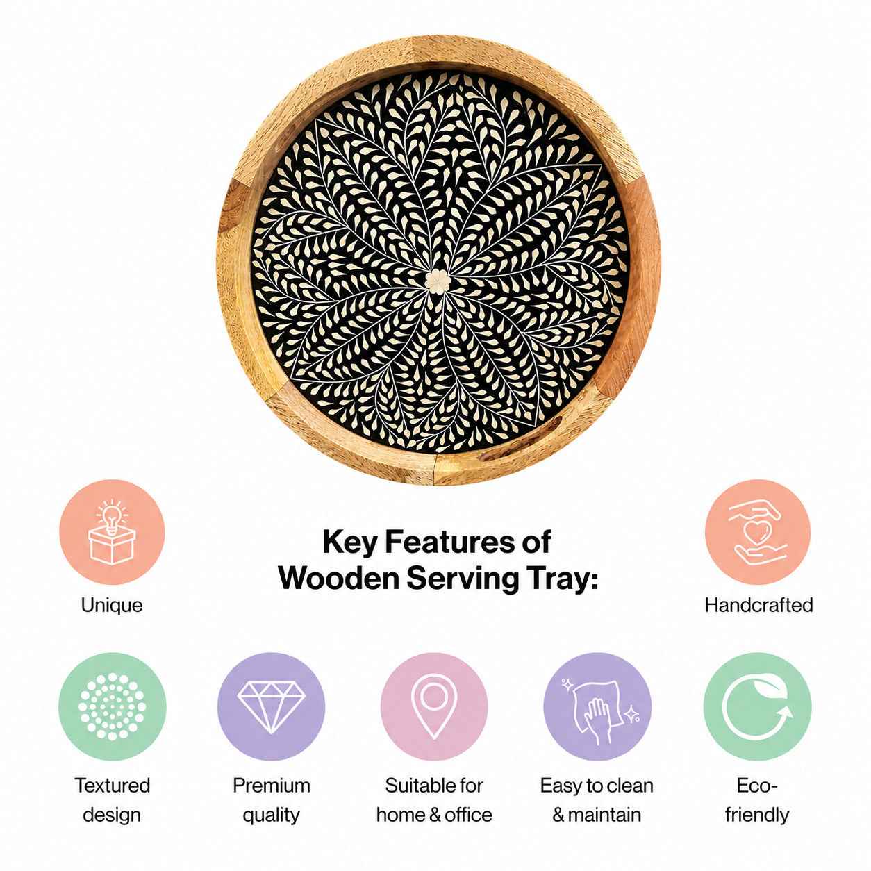 Premium Mango Wood Round Serving Tray with Black Petals Design