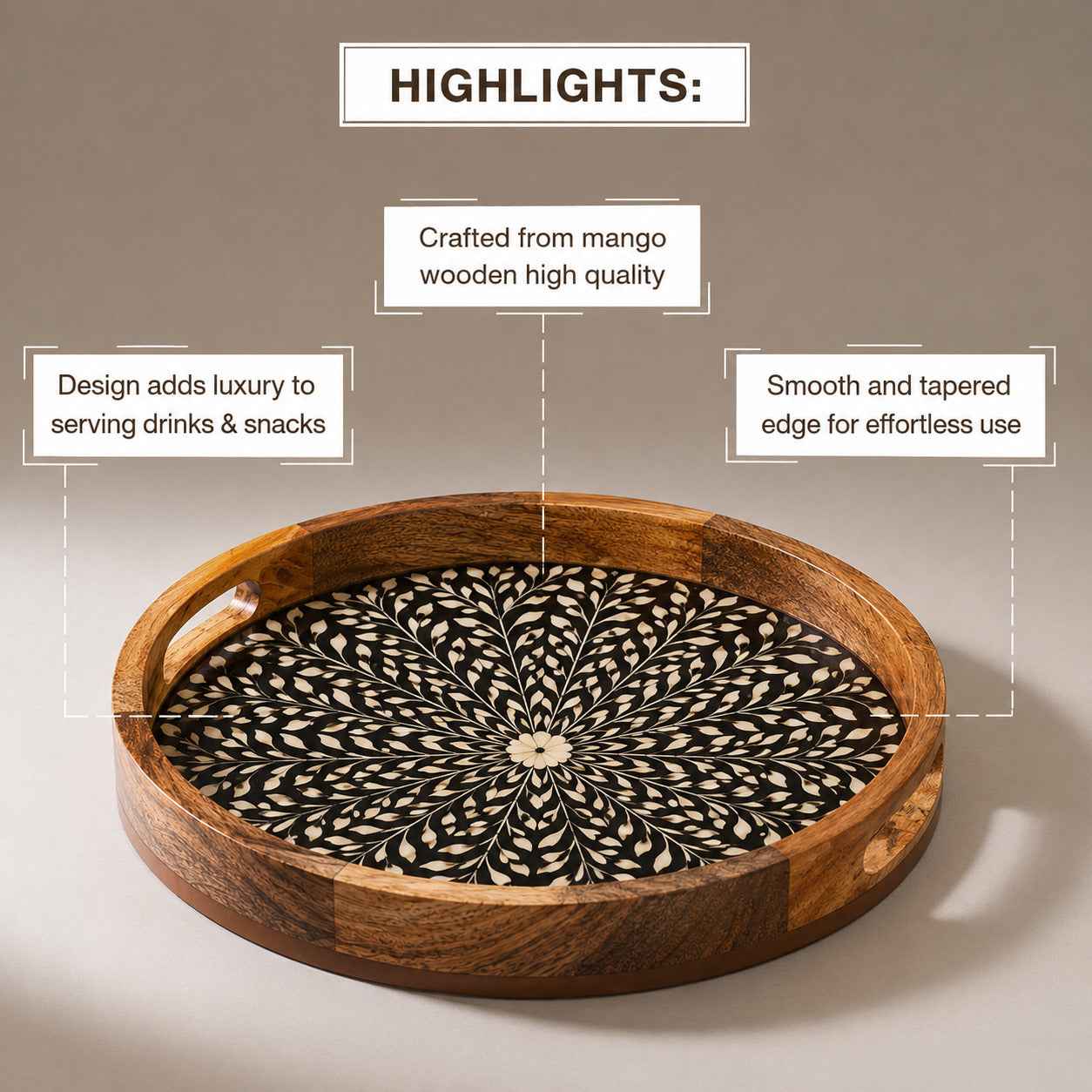 Premium Mango Wood Round Serving Tray with Black Petals Design
