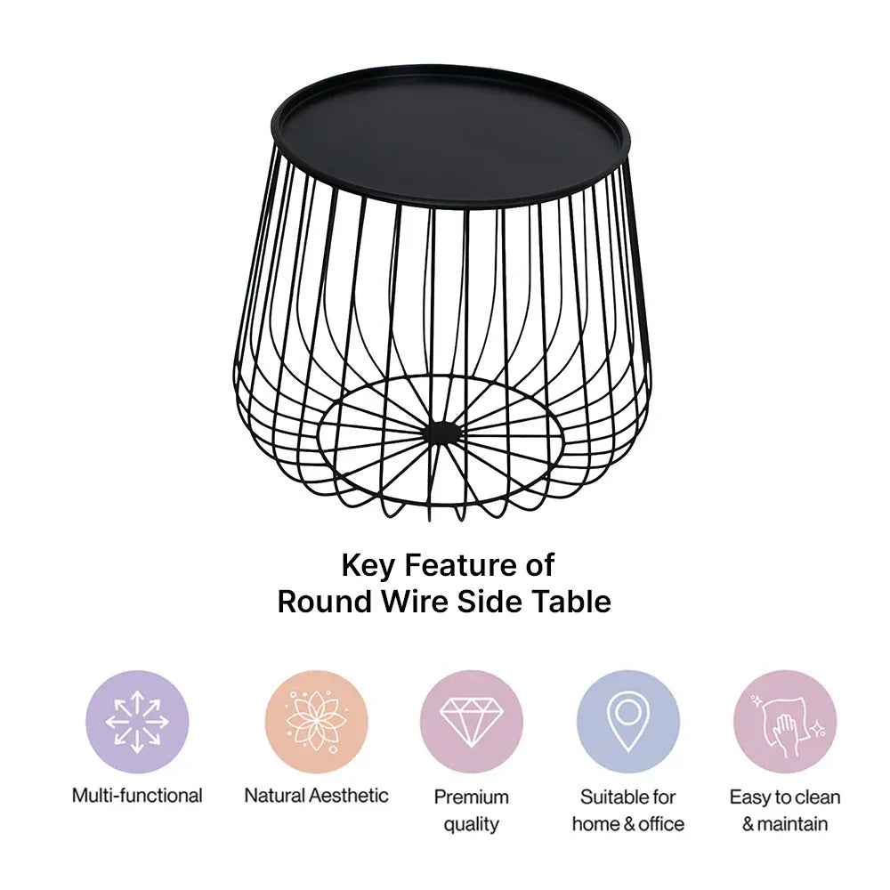 Metal Round Wire Side Table in Black for Living Room and Bedroom