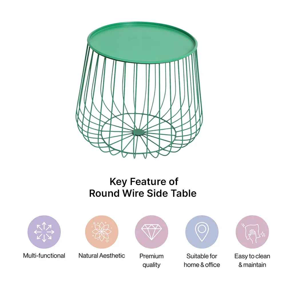 Metal Round Wire Side Table with Storage in Green for Living Room