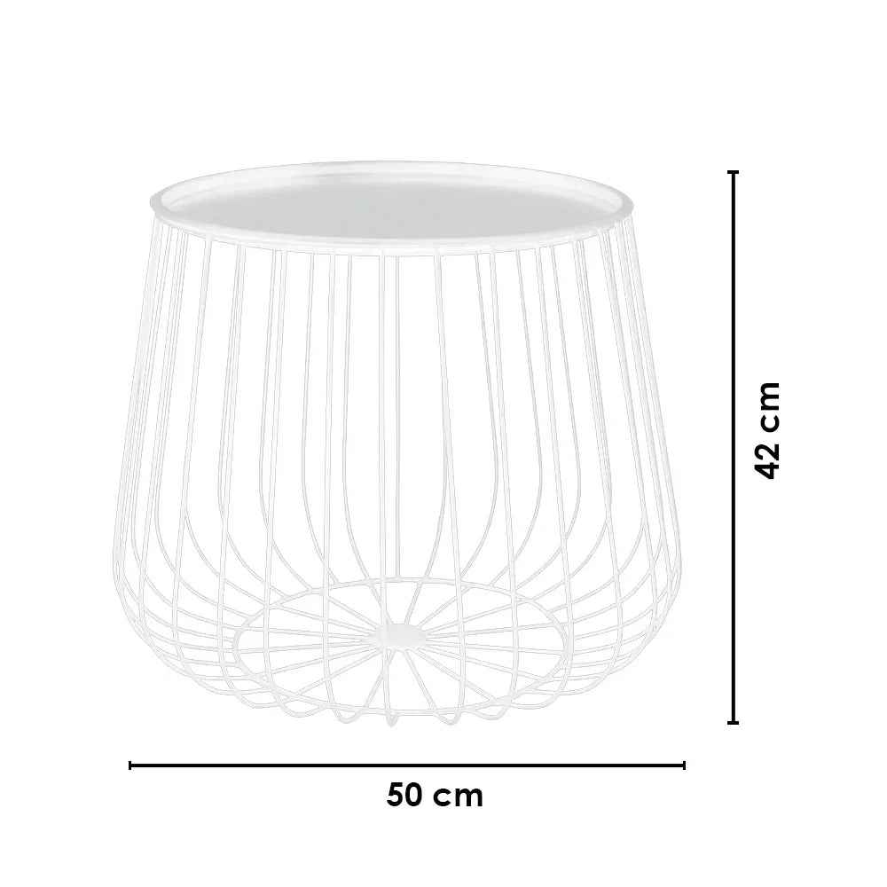 Metal Wire Round Side Table with Storage in White