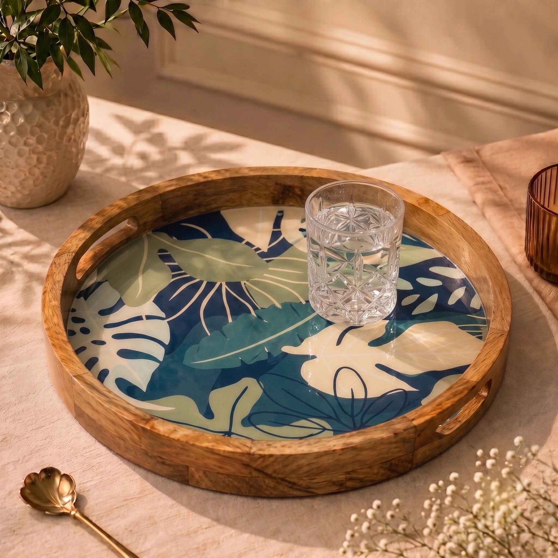 Round Mango Wood Serving Tray with Tropical Leaf Design