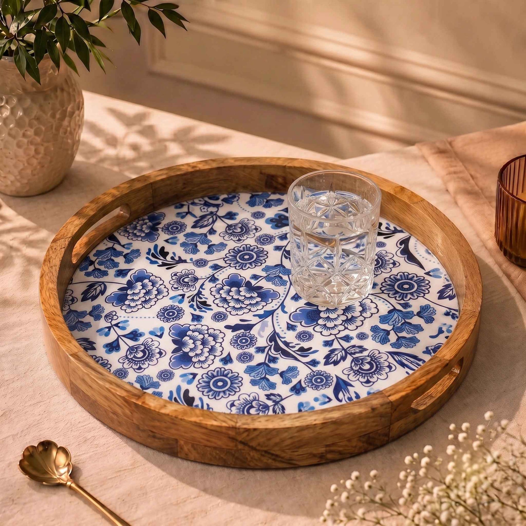 Premium Mango Wood Round Serving Tray with Blue Floral Print