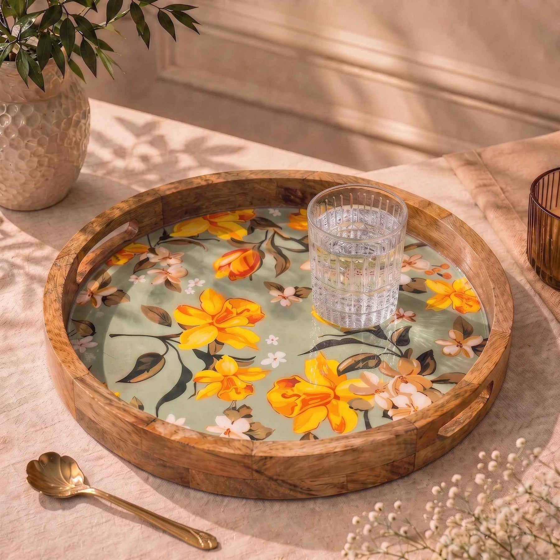 Handcrafted Mango Wood Serving Tray with Yellow Floral Design