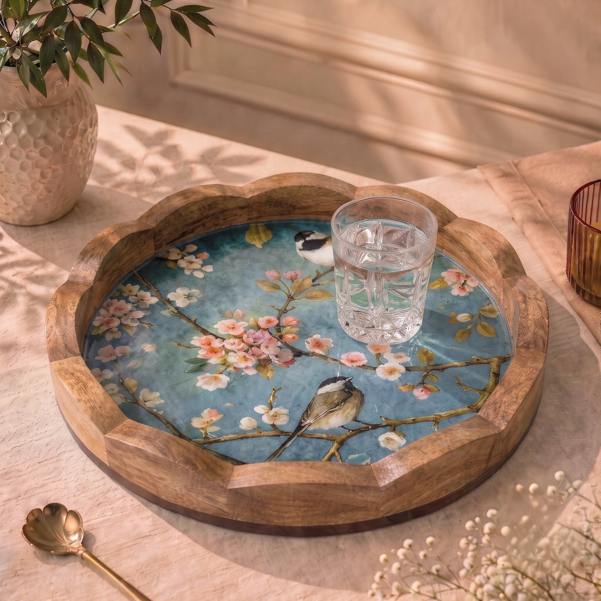 Round Wooden Serving Tray with Cherry Blossom Bird Design