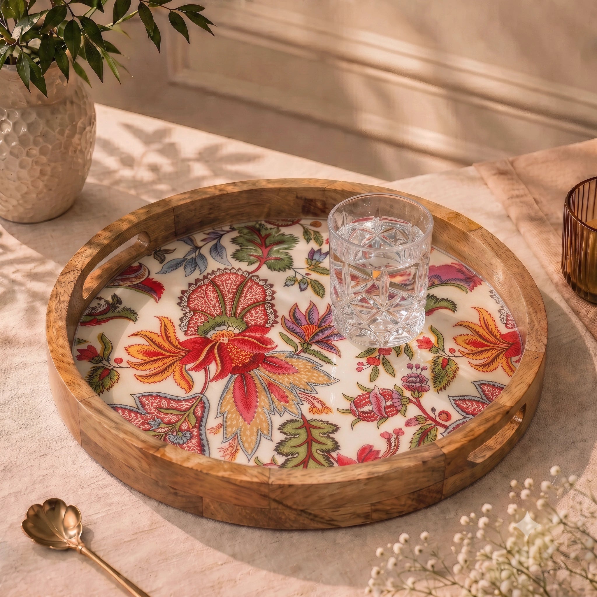 Handcrafted Mango Wood Round Serving Tray with Botanical Floral Design