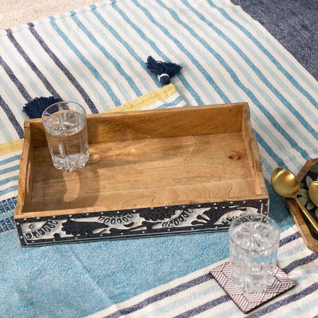 Wooden Breakfast & Snack Serving Tray with Black Floral Design