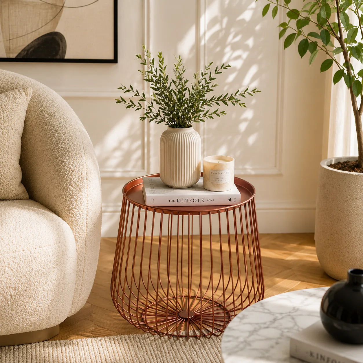 Metal Round Wire Side Table in copper for Home Decor