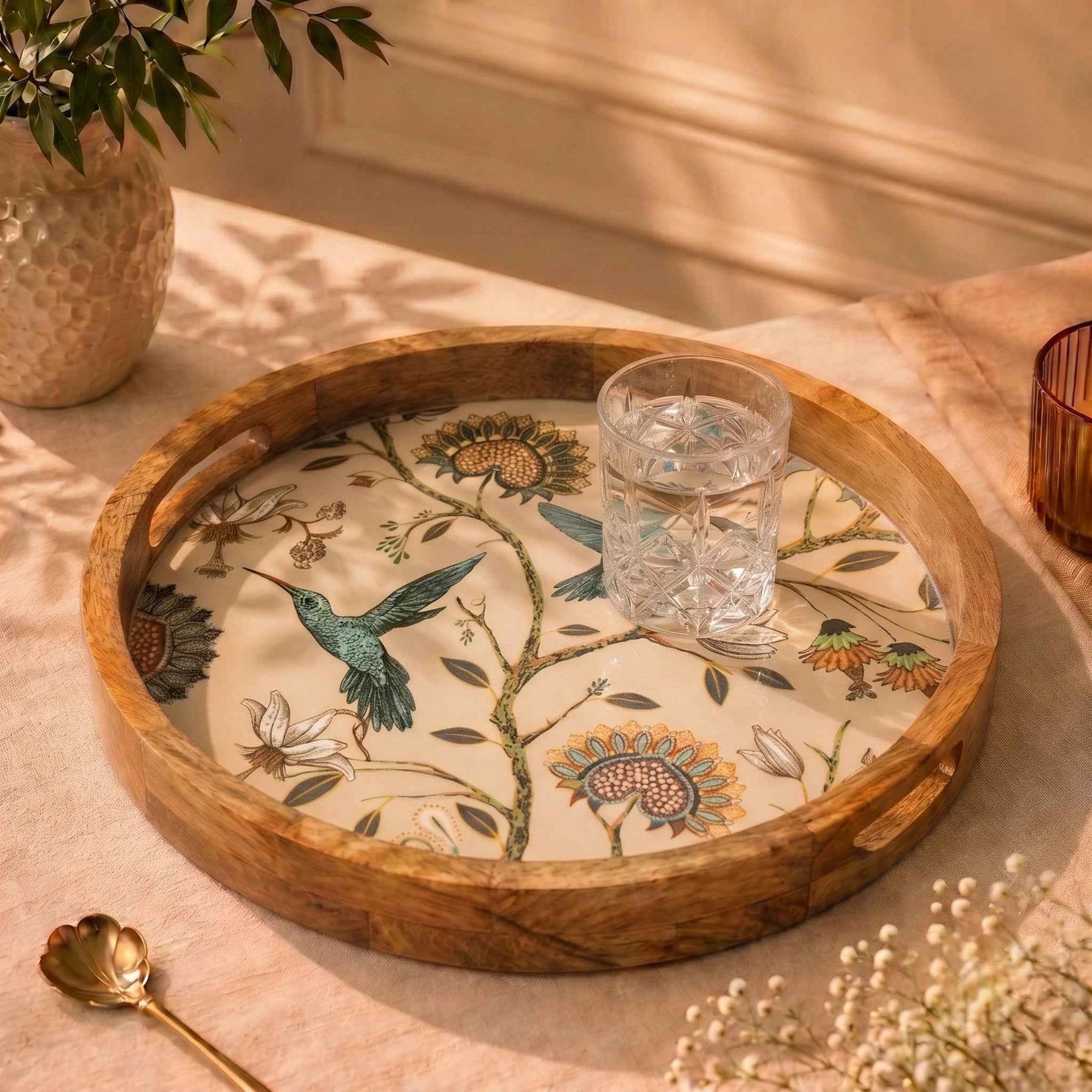 Decorative Mango Wood Serving Tray with Hummingbird Design