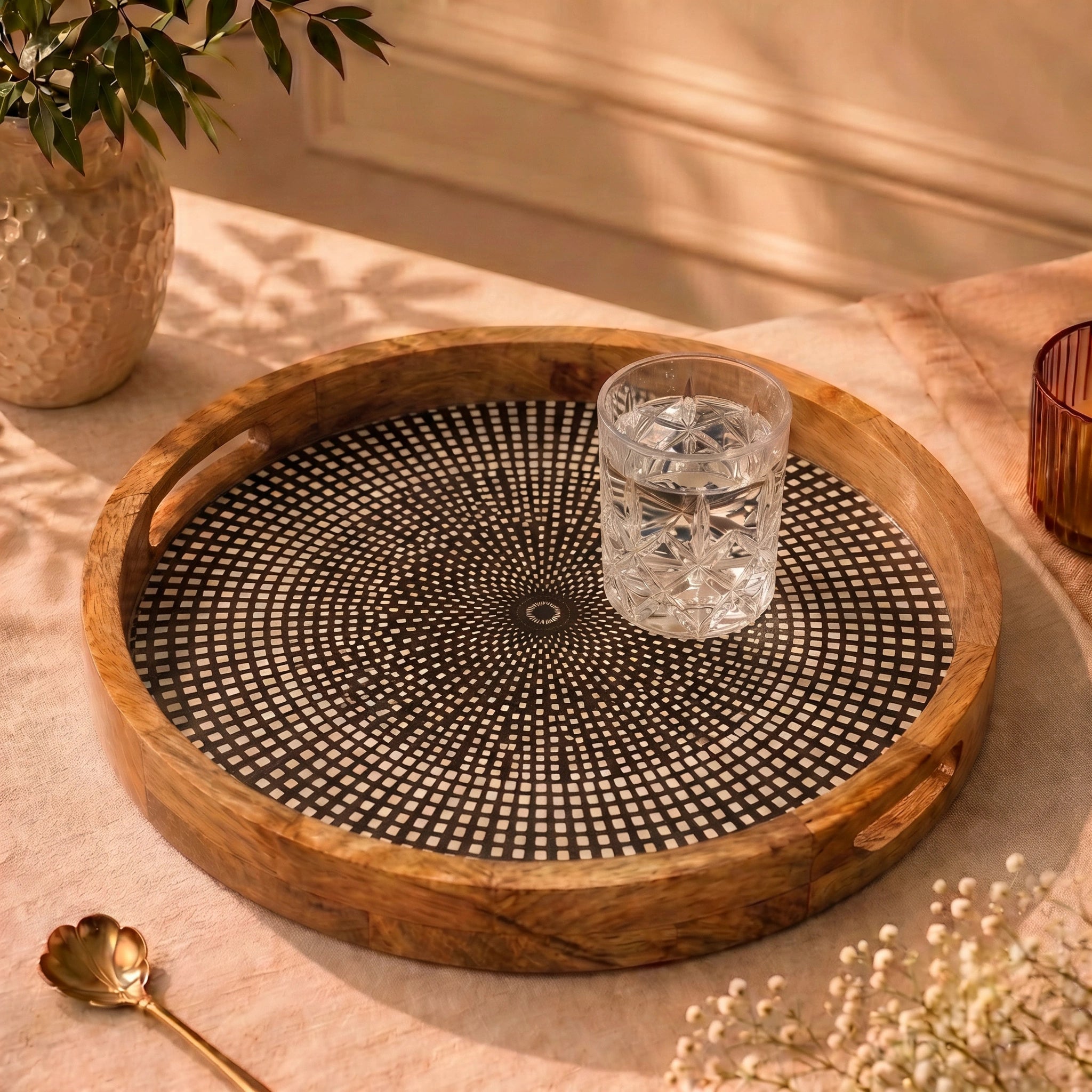 Modern Mango Wood Round Serving Tray with Geometric Dot Pattern
