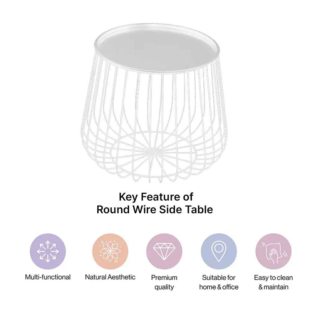 Metal Wire Round Side Table with Storage in White