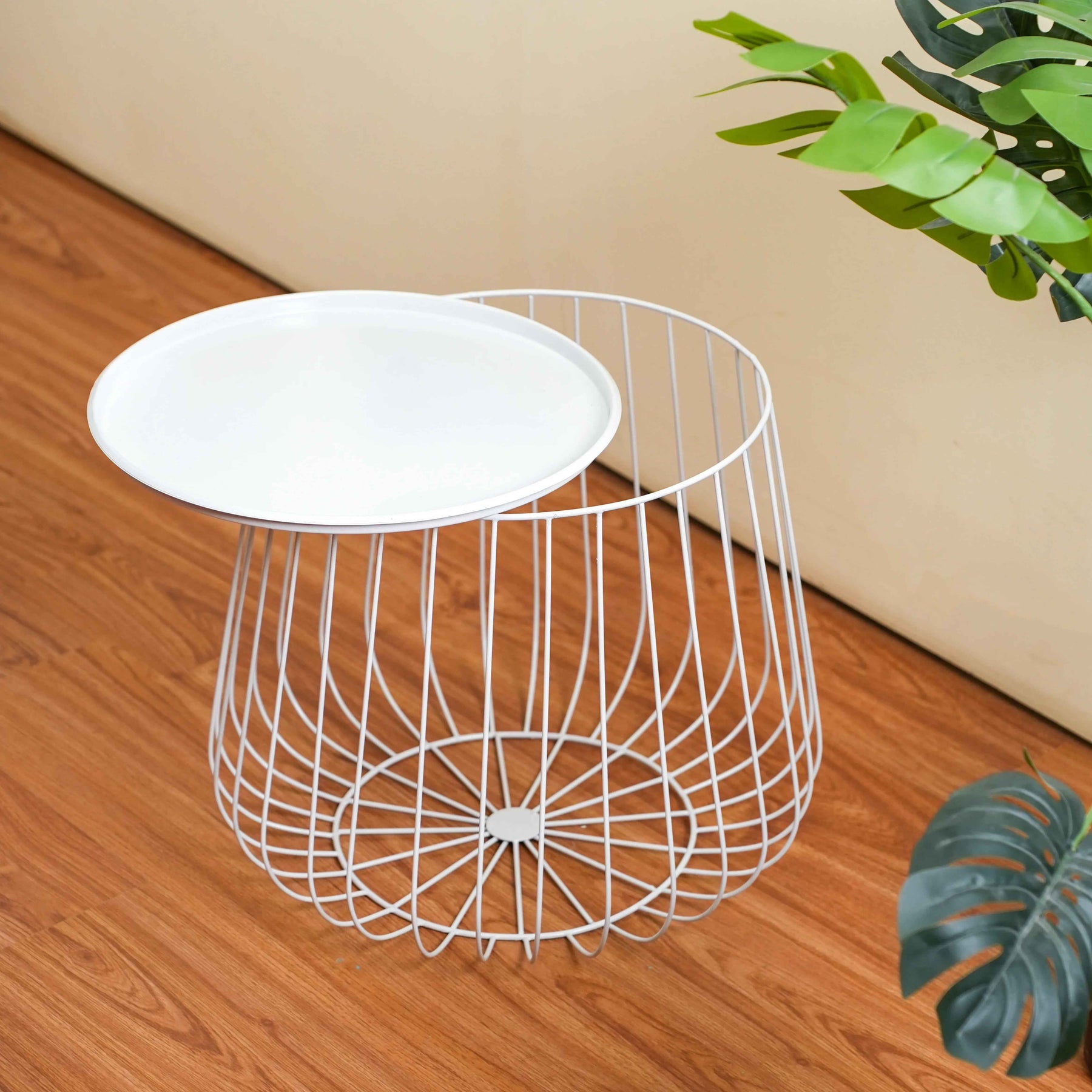 Metal Wire Round Side Table with Storage in White