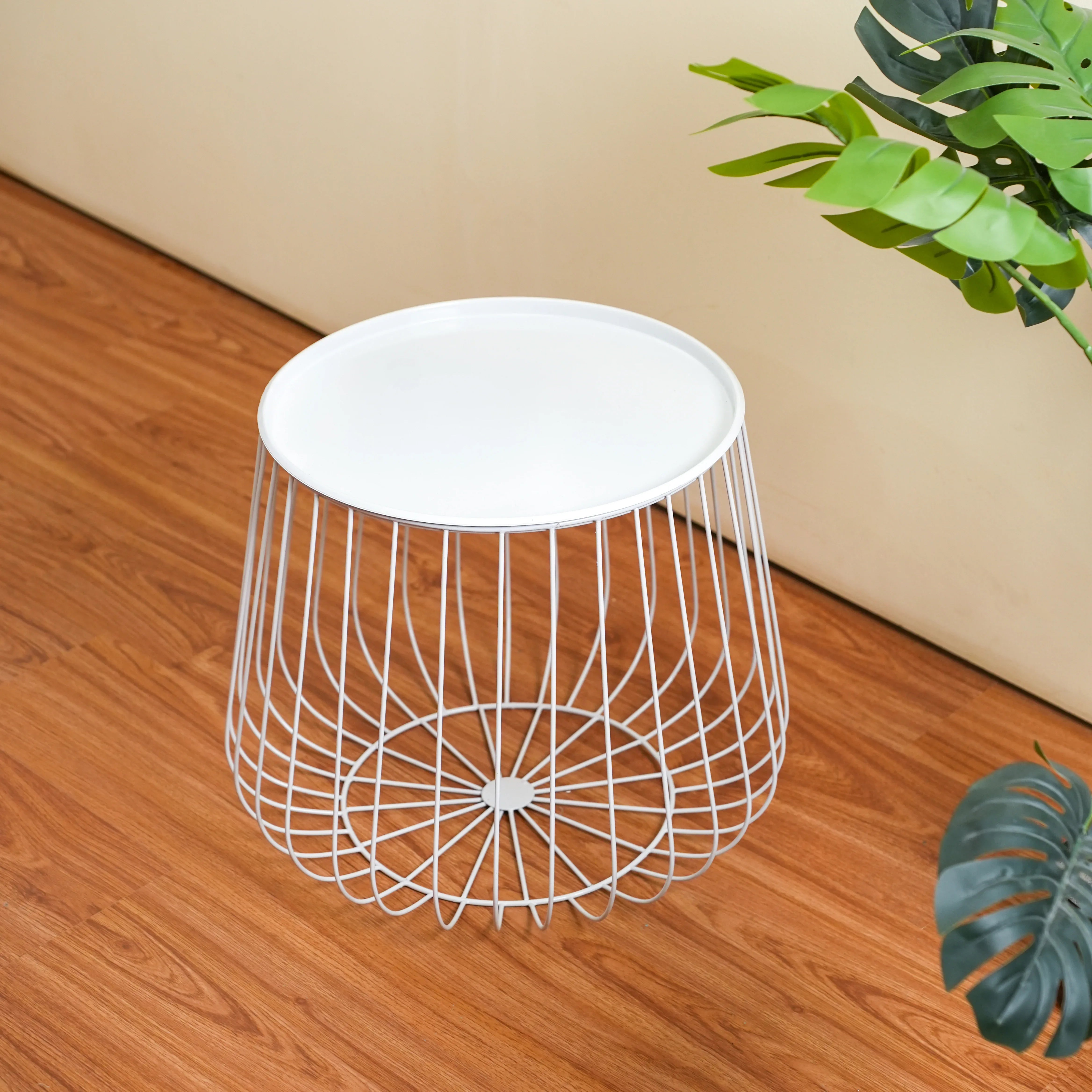 Metal Wire Round Side Table with Storage in White