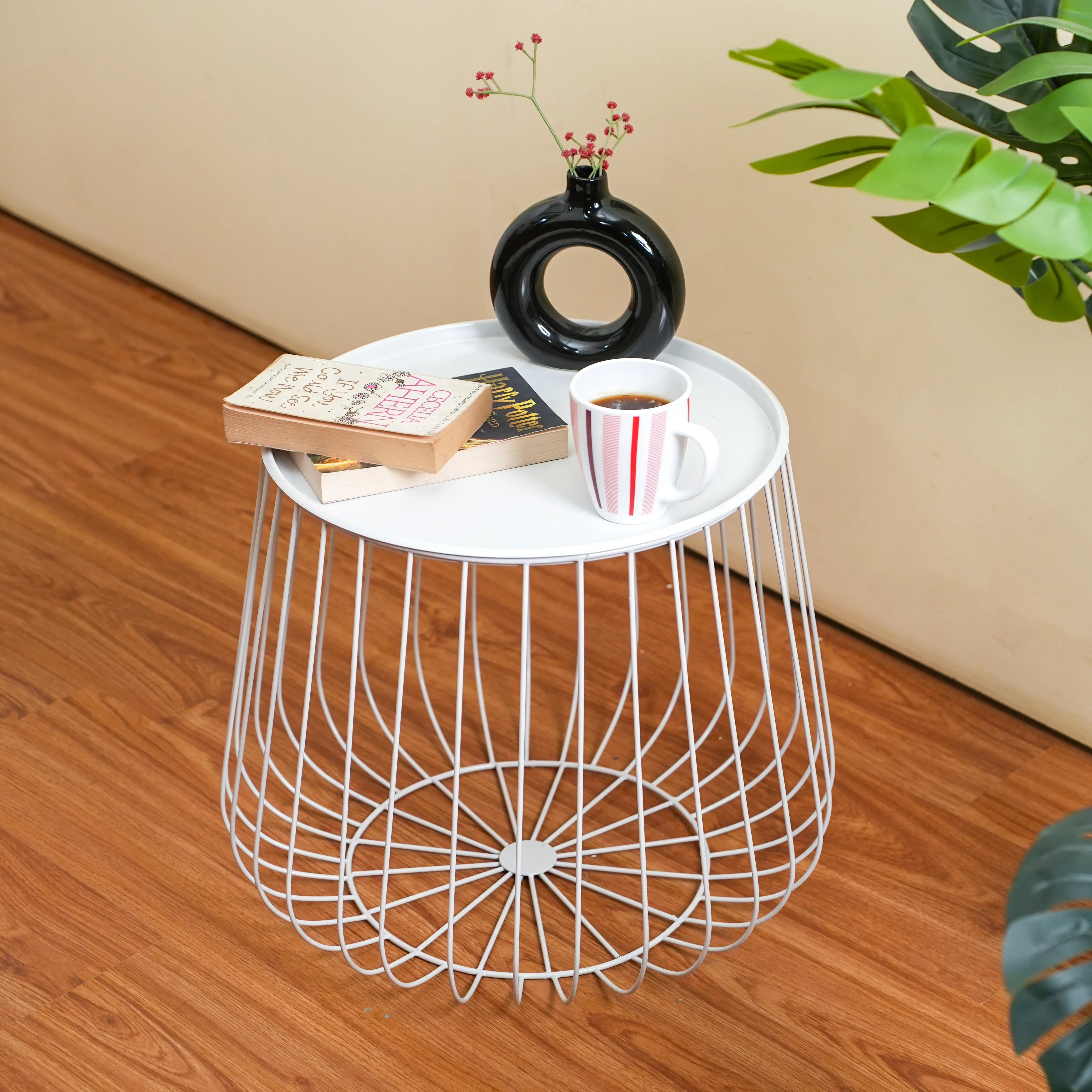 Metal Wire Round Side Table with Storage in White