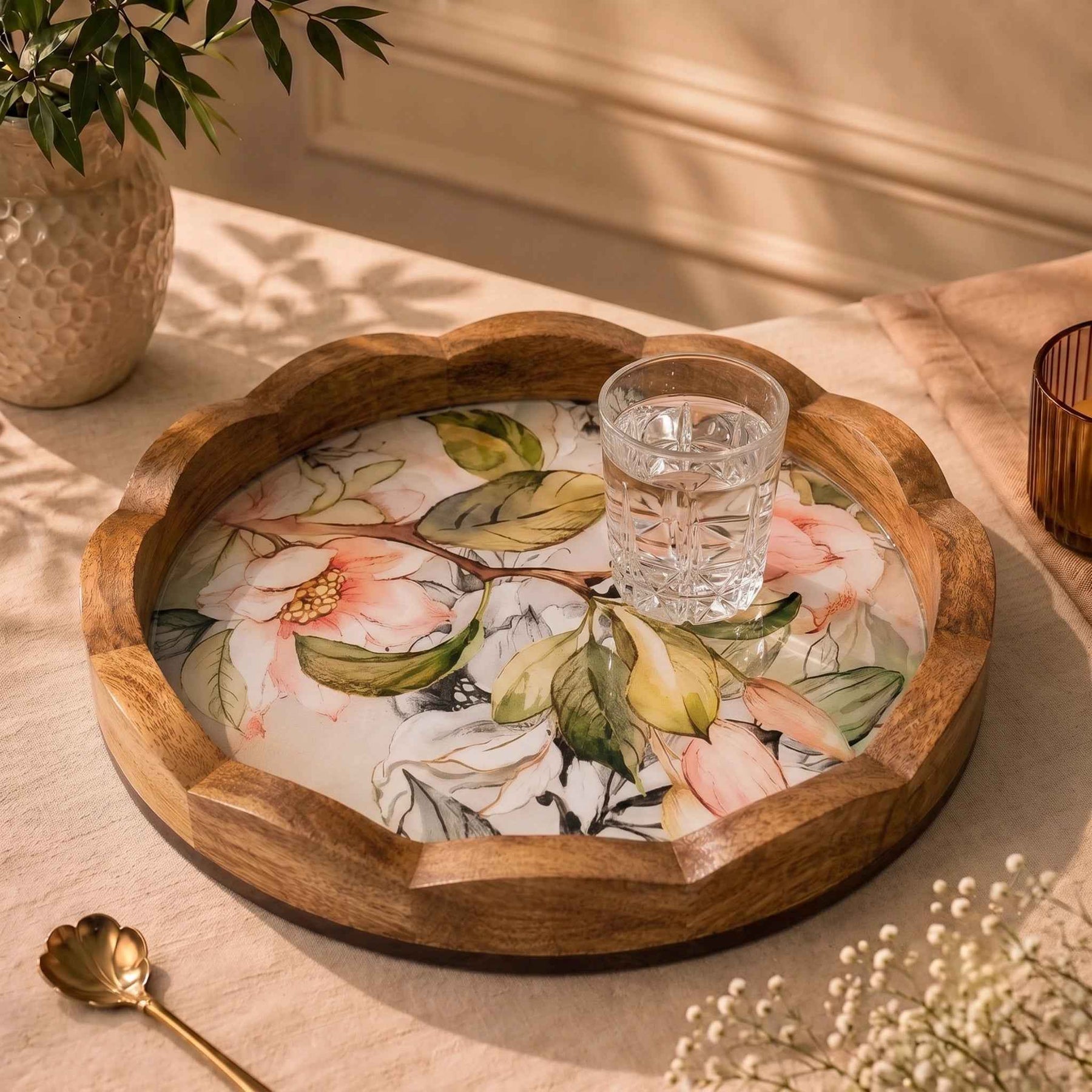 Premium Mango Wood Serving Tray with Pink Floral Design