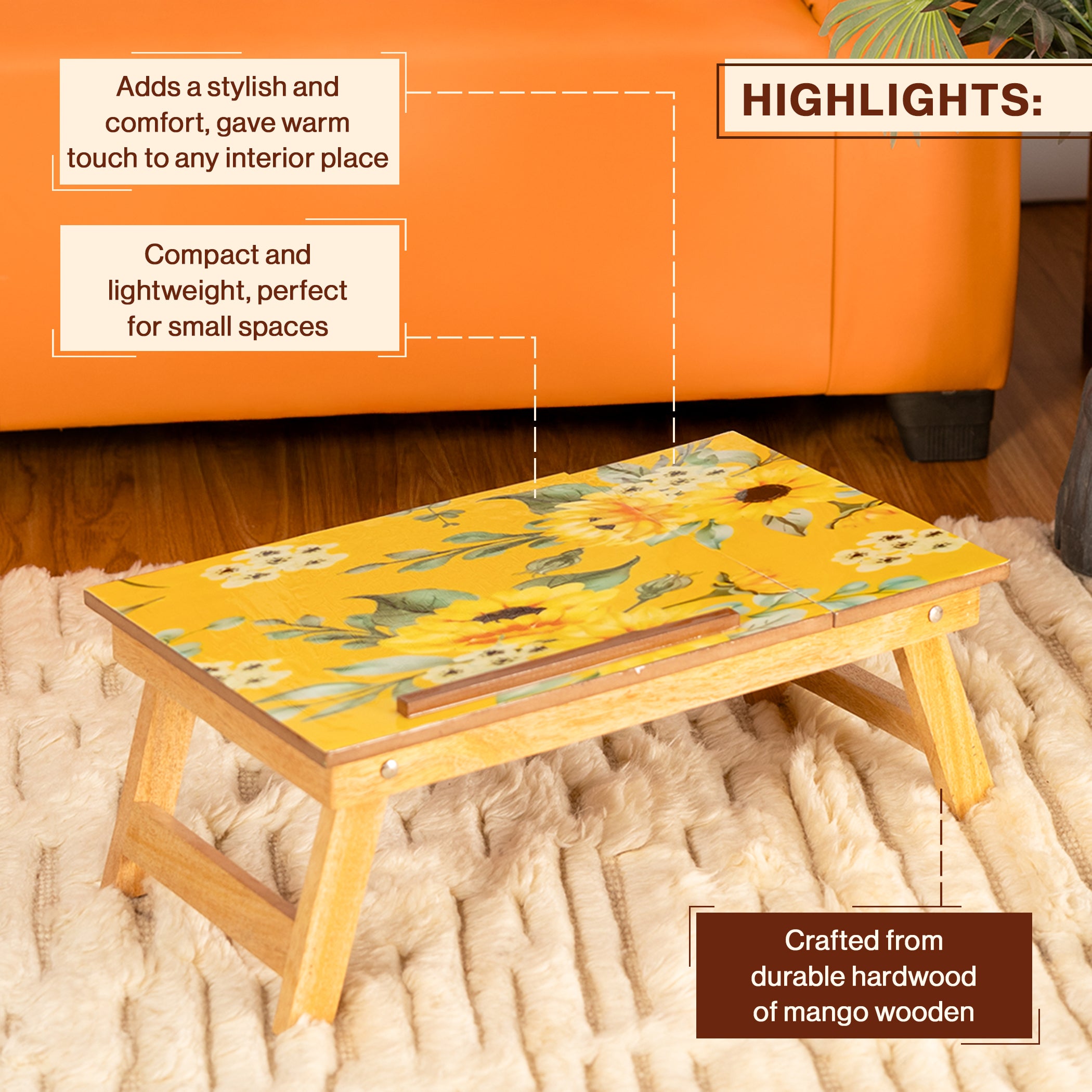 Mango Wood Handmade Folding Laptop Table in Yellow with Epoxy Resin