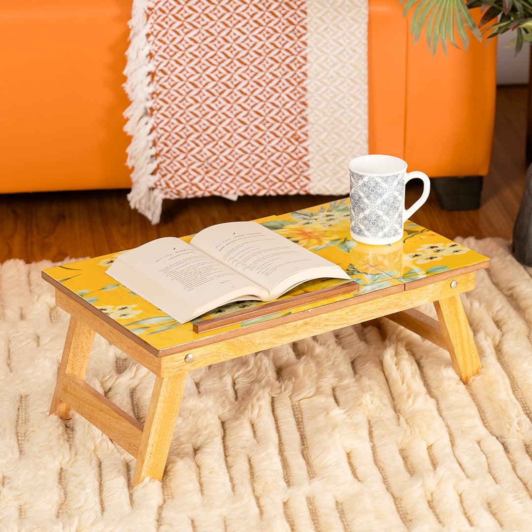 Mango Wood Handmade Folding Laptop Table in Yellow with Epoxy Resin