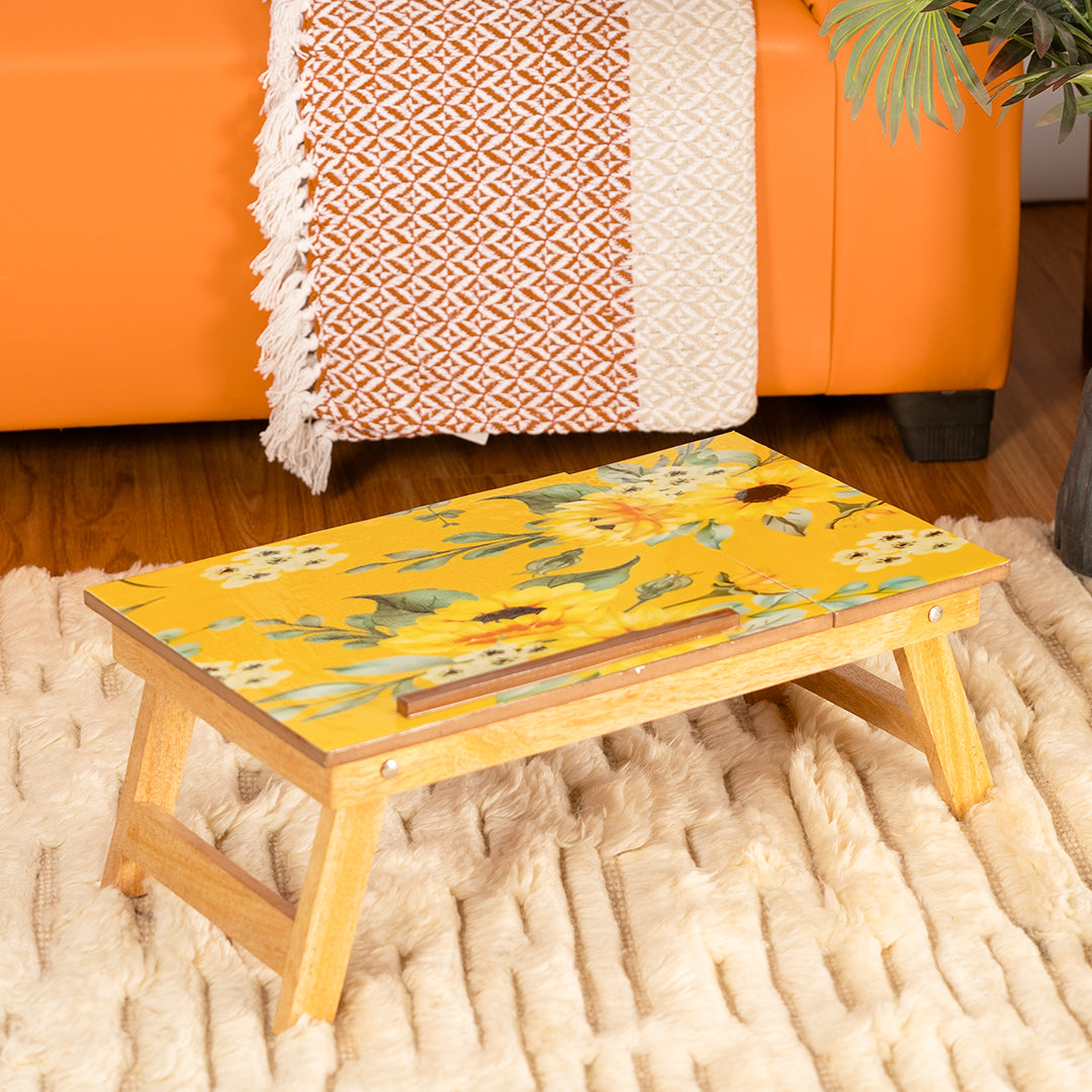 Mango Wood Handmade Folding Laptop Table in Yellow with Epoxy Resin
