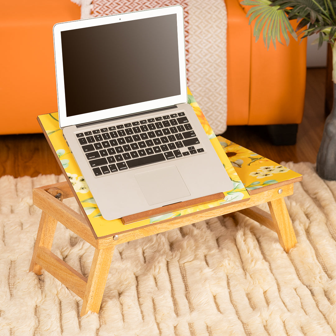 Mango Wood Handmade Folding Laptop Table in Yellow with Epoxy Resin