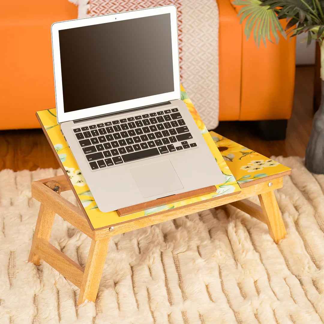 Mango Wood Handmade Folding Laptop Table in Yellow with Epoxy Resin