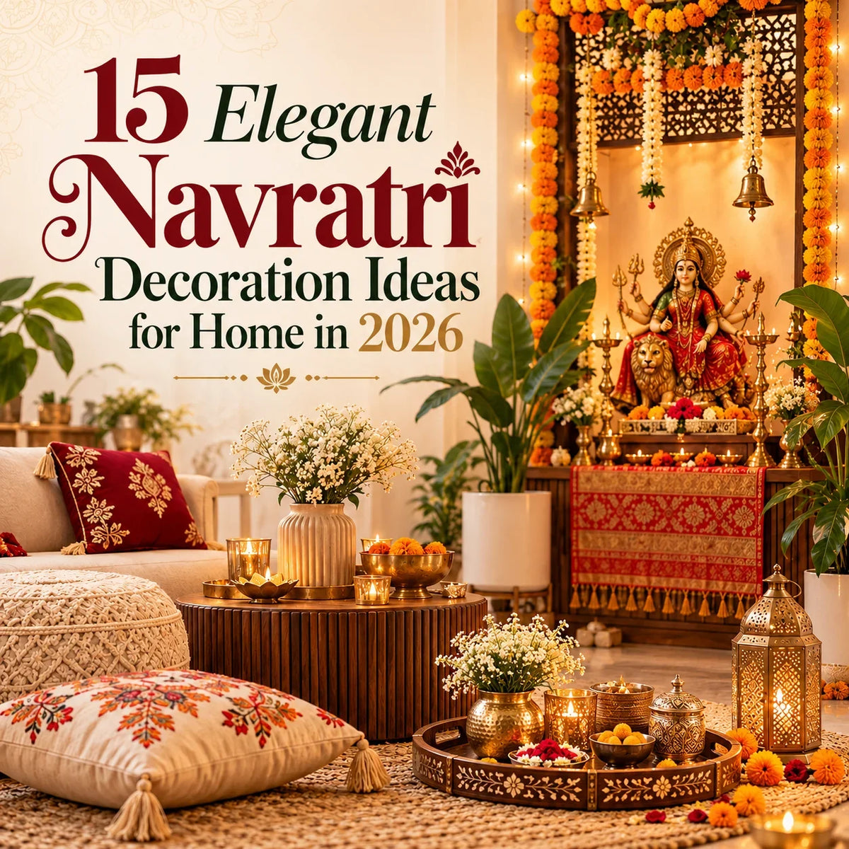 Elegant Navratri decoration ideas for home with floral toran, diyas, rangoli, and festive lights.