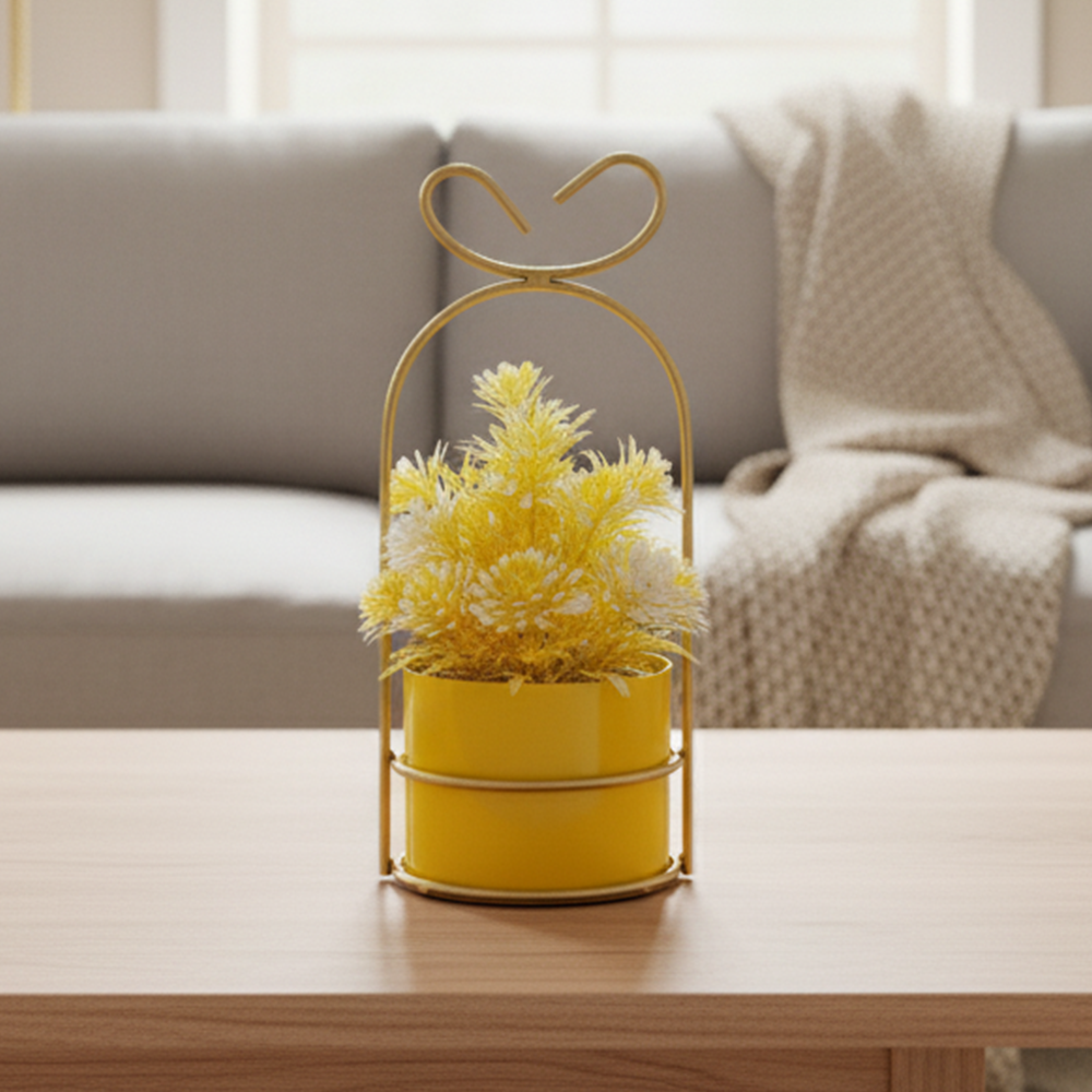 Hanging Yellow Metal Planter in Gold Wire Basket