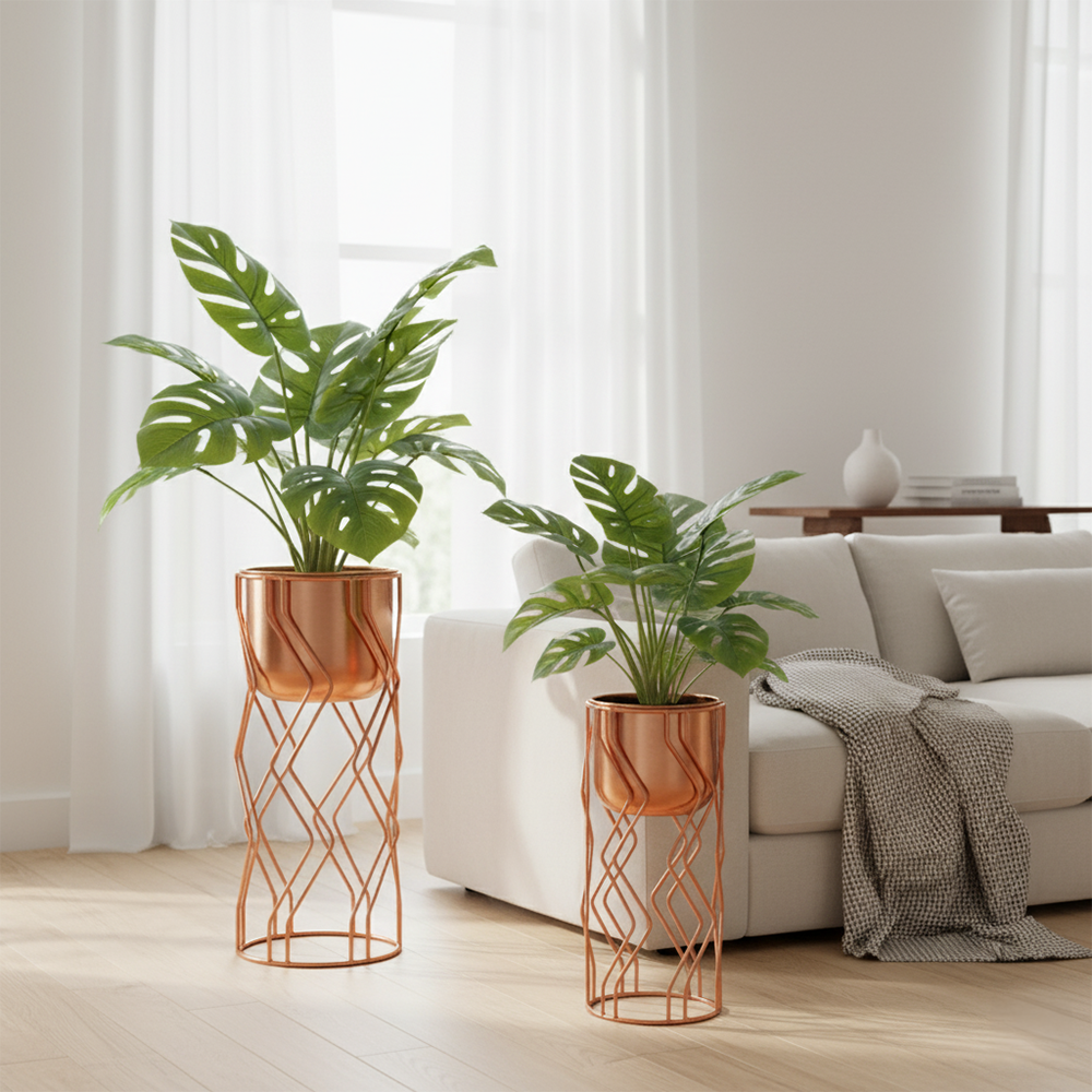 Geometric Wire Copper Planter with Stand Set of 2