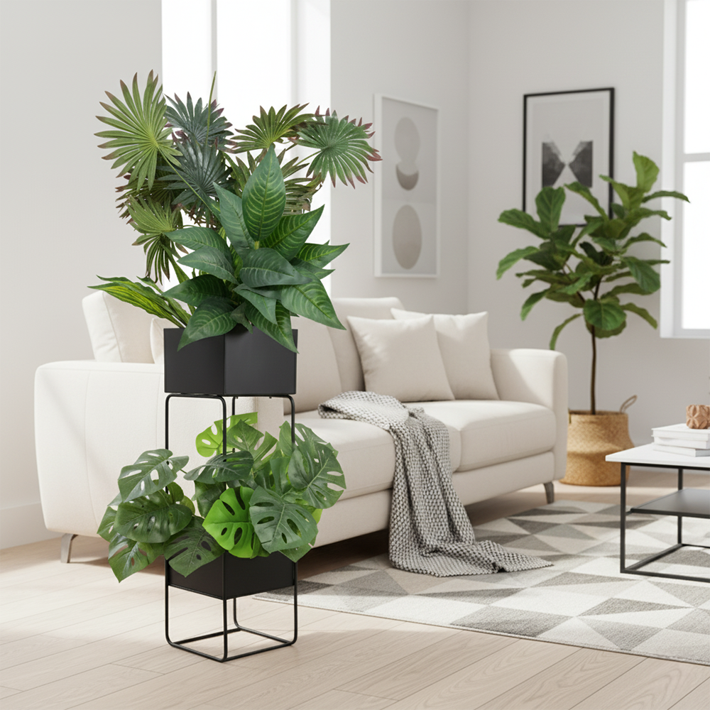 Double Pot Metal Planter Stand Black