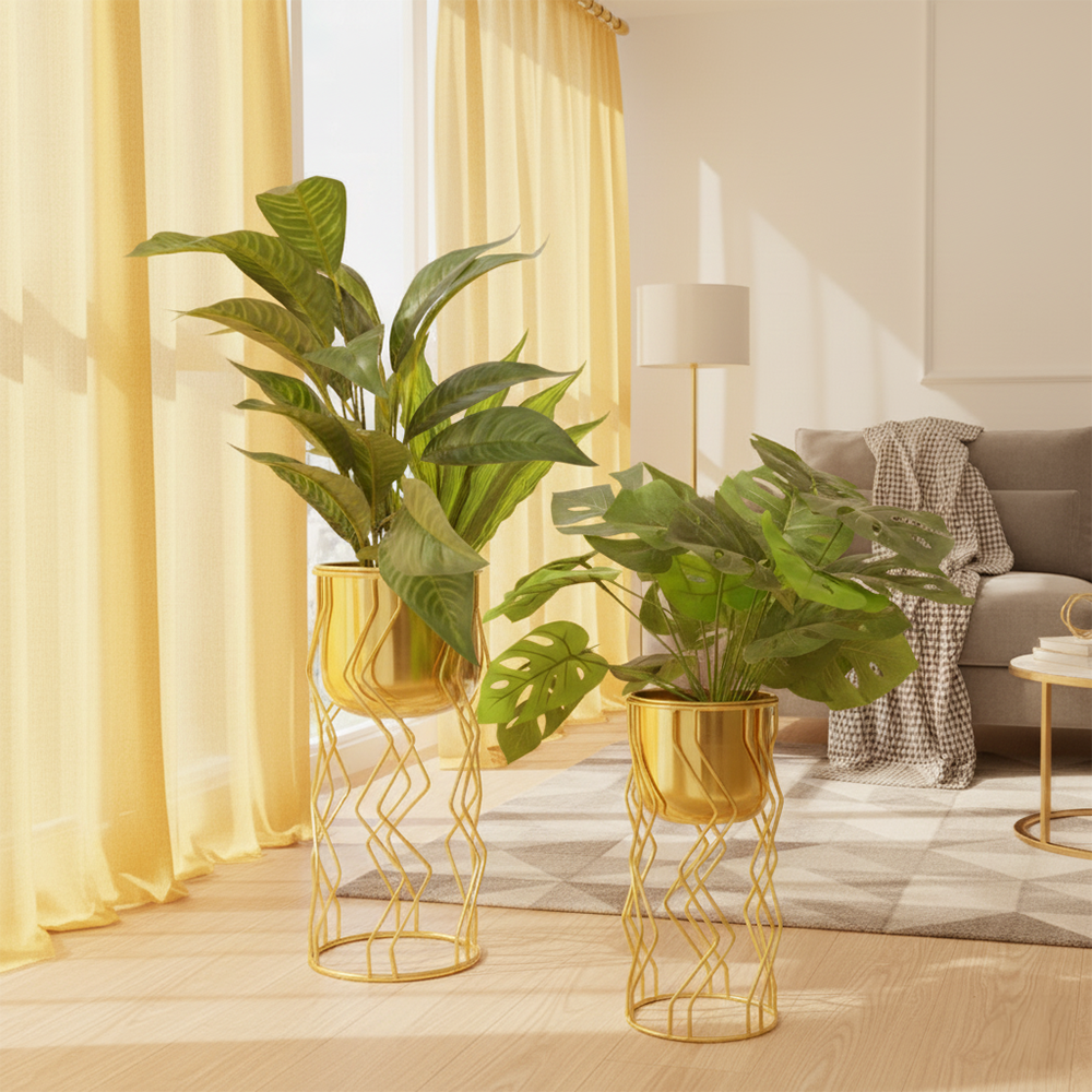 Geometric Wire Gold Planter with Stand Set of 2