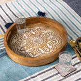 Handcrafted Mango-Wood Wooden Round Tray in Reddish Orange design-Set of 2