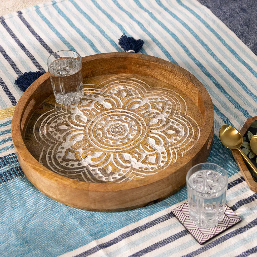 Handcrafted Mango-Wood Wooden Round Tray in Reddish Orange design-Set of 2
