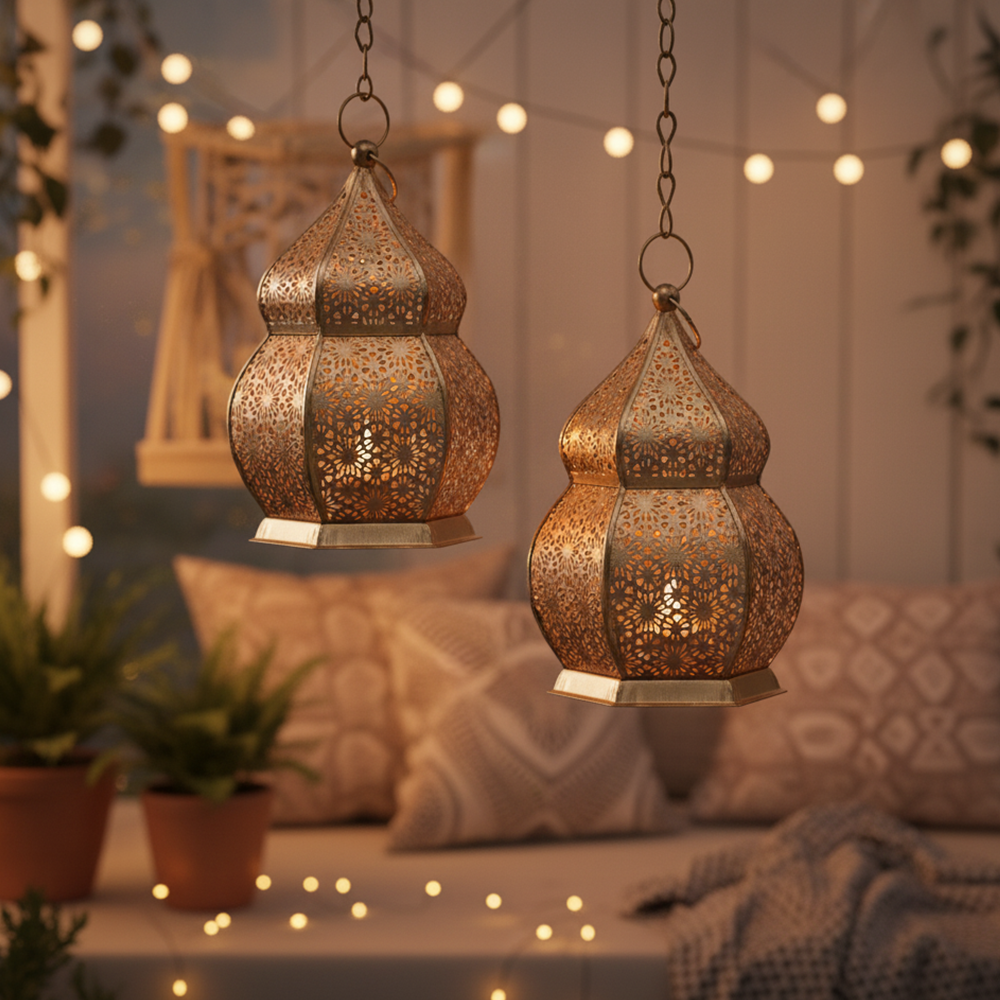 Copper Polish Moroccan Style Lanterns Set of 2