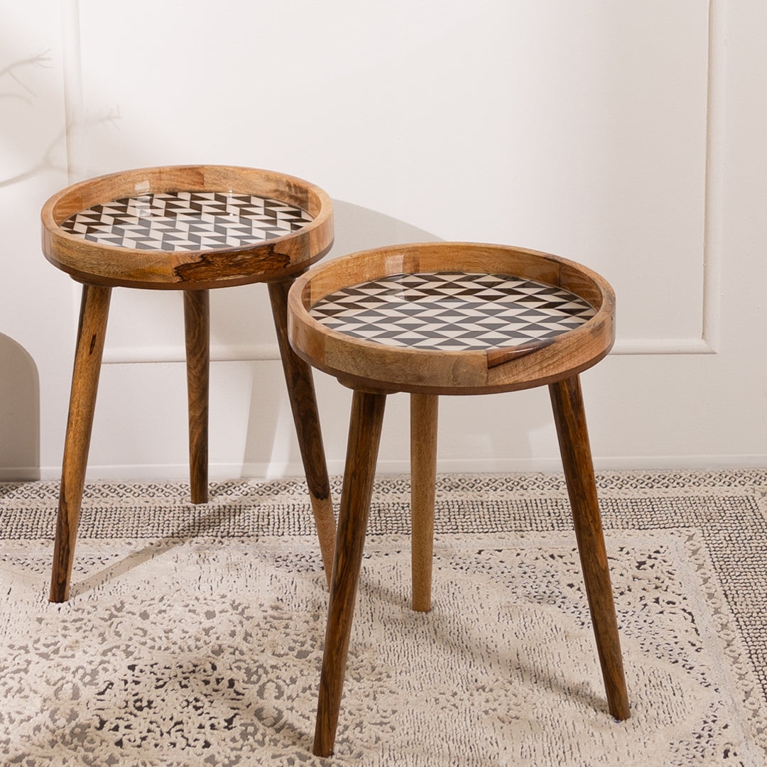 Mango Wood Round Side End Table In Black & White