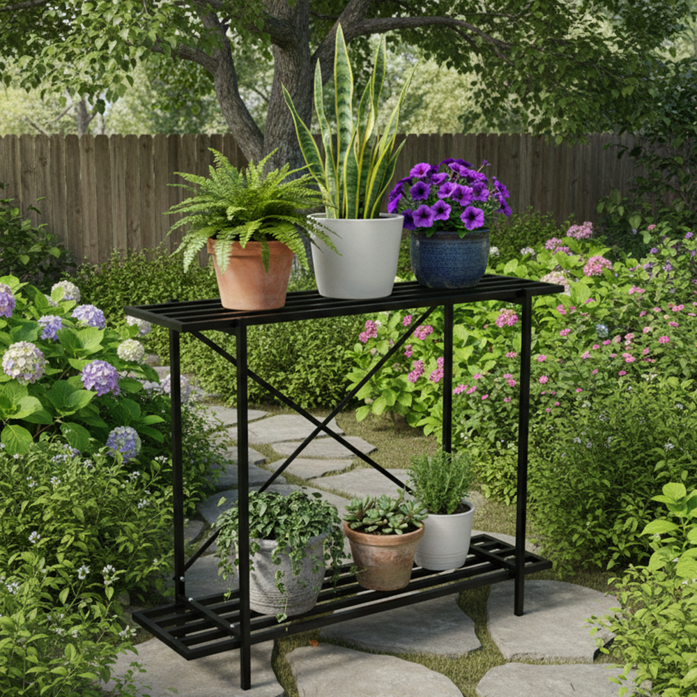 Modern Black 2 Tier Metal Plant Stand