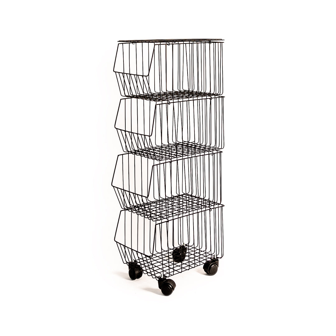 Metal Wire Basket with Wheels And Cover, 4 Tier Stackable Rolling Fruit Basket Utility Rack for Kitchen | THREADVIBE LIVING