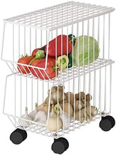 Stackable Rolling Metal Wire Basket With Wheels And Cover (2 Tier) In White For Kitchen Decor