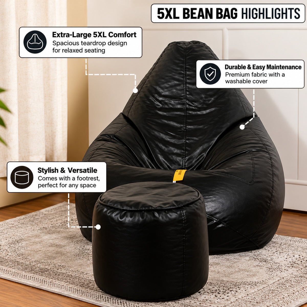 5XL Teardrop Bean Bag & Footrest Set with Beans