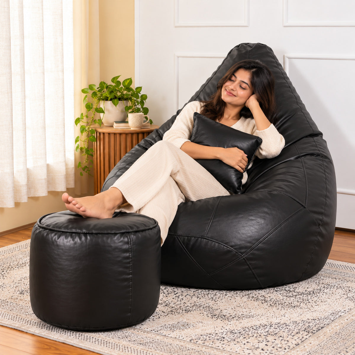 5XL Teardrop Bean Bag with Footrest & Cushion Set with Beans