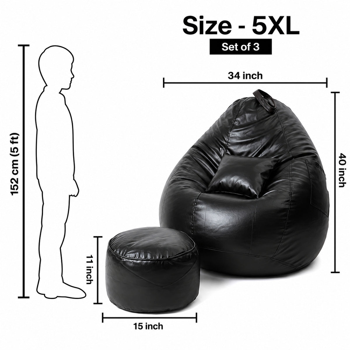 5XL Teardrop Bean Bag with Footrest & Cushion Set with Beans