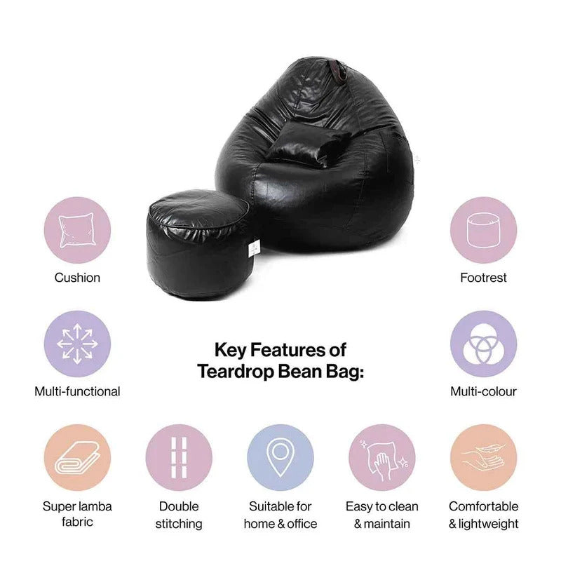5XL Teardrop Bean Bag with Footrest & Cushion Set with Beans