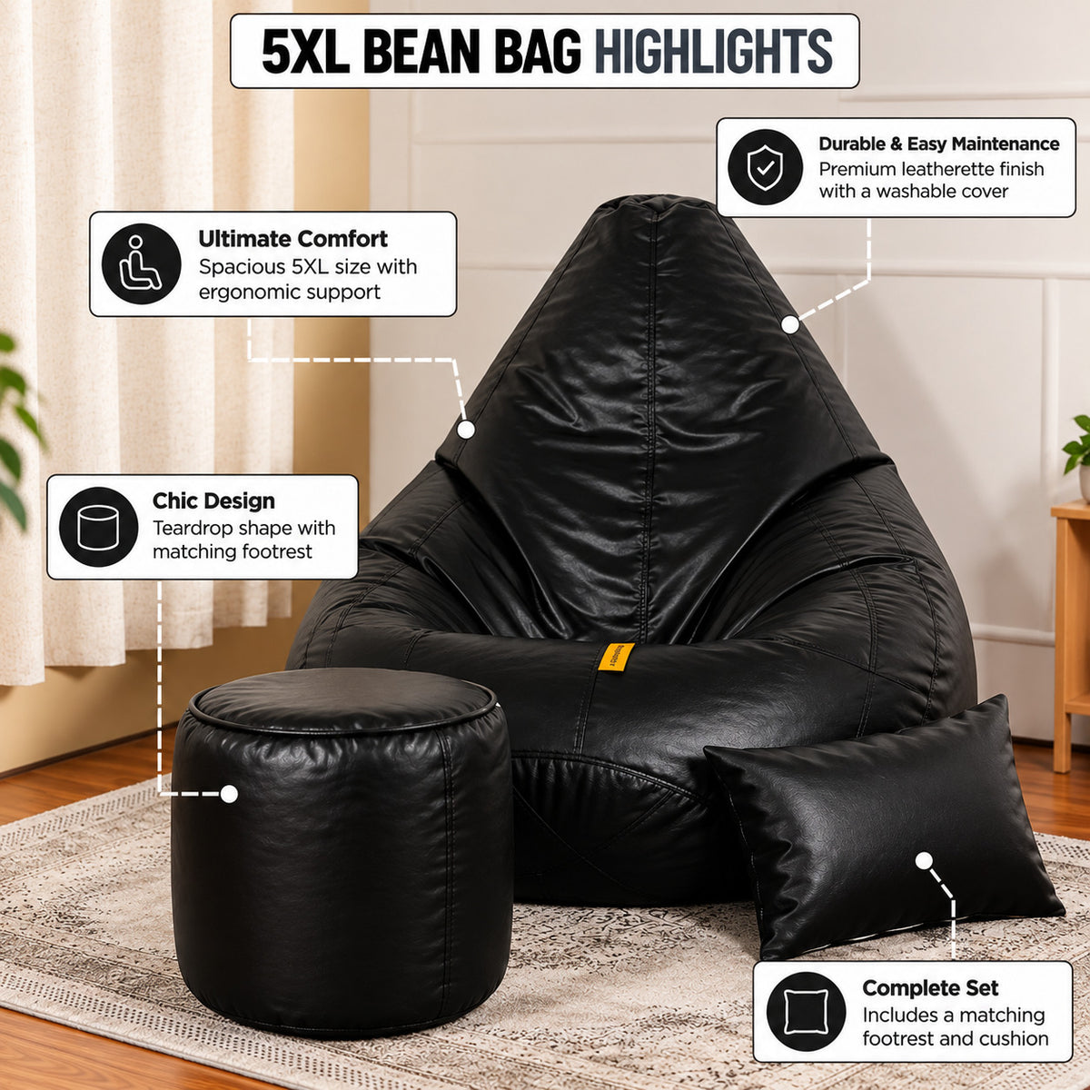 5XL Teardrop Bean Bag with Footrest & Cushion Set with Beans