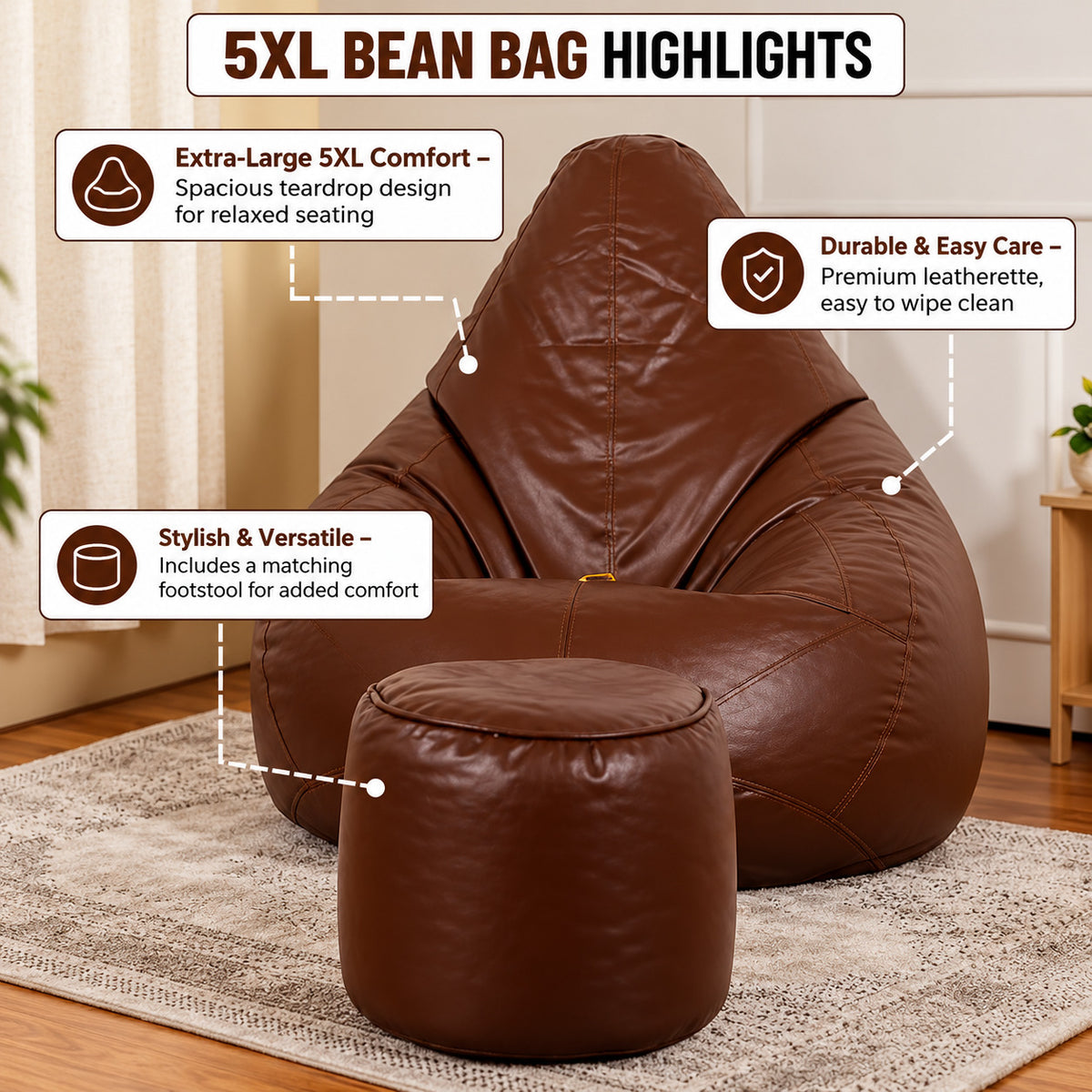 5XL Teardrop Bean Bag & Footrest Set with Beans