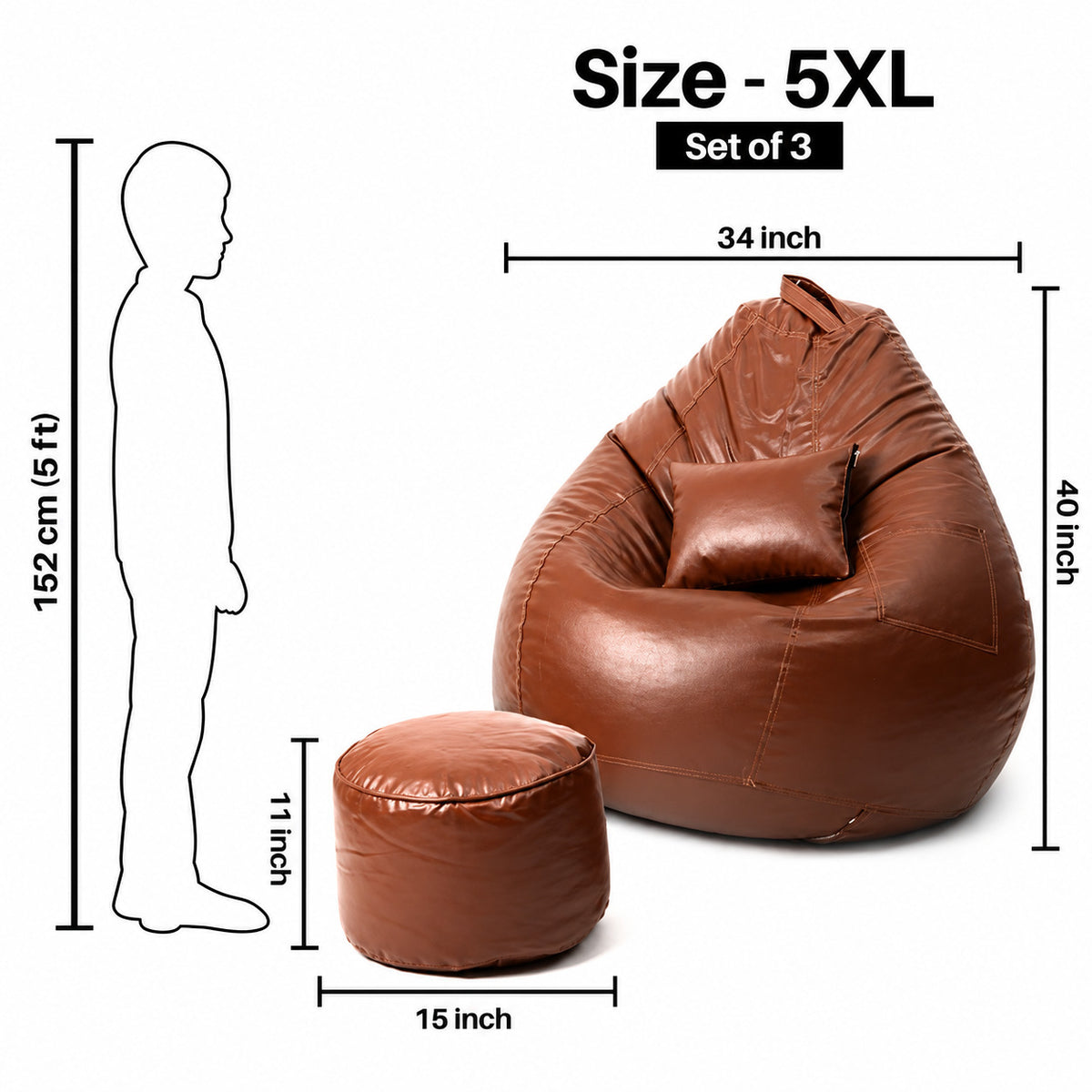 5XL Teardrop Bean Bag with Footrest & Cushion Set with Beans