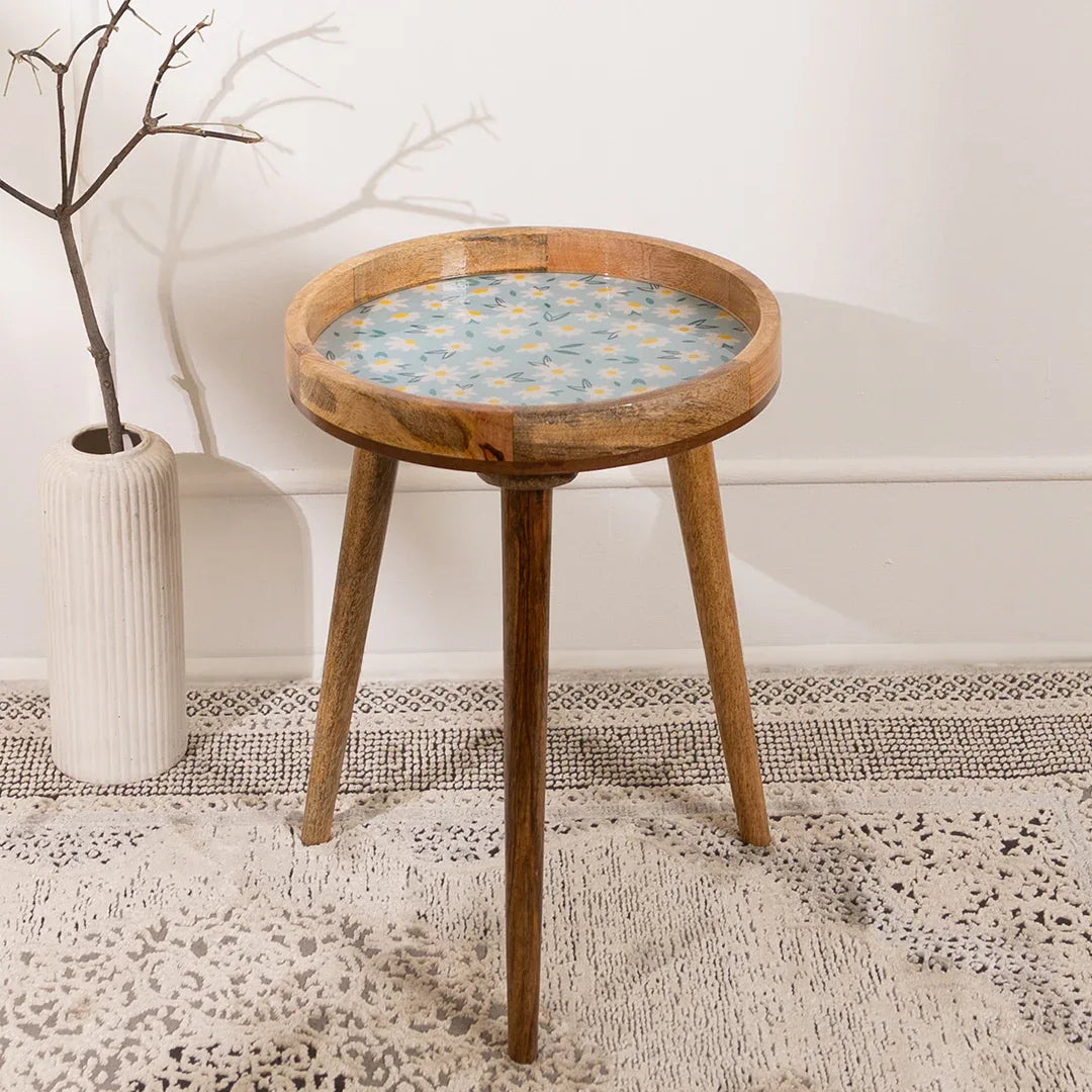 Wooden Side Table in Sunflower Pattern For Living Room & Bedroom