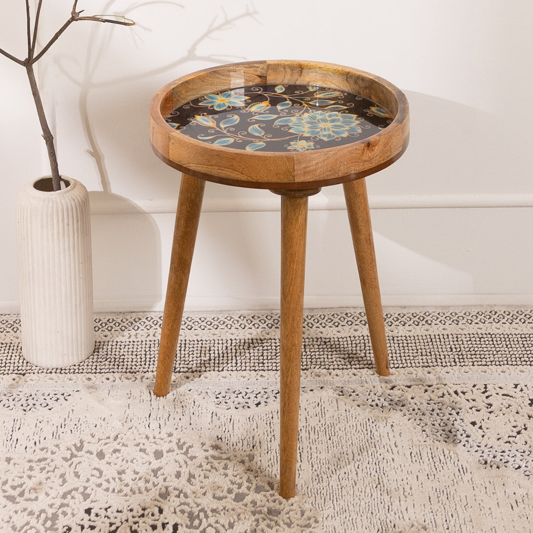 Mango Wood End Table For Living Room In Blue Petals