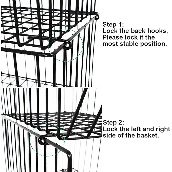 Stackable Rolling Metal Wire Basket With Wheels And Cover (2 Tier) In black For Kitchen Decor