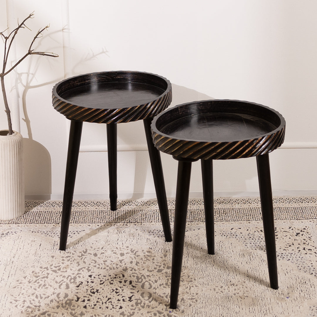 Mango Wood Round Side End Table In Black Charcoal Cutter