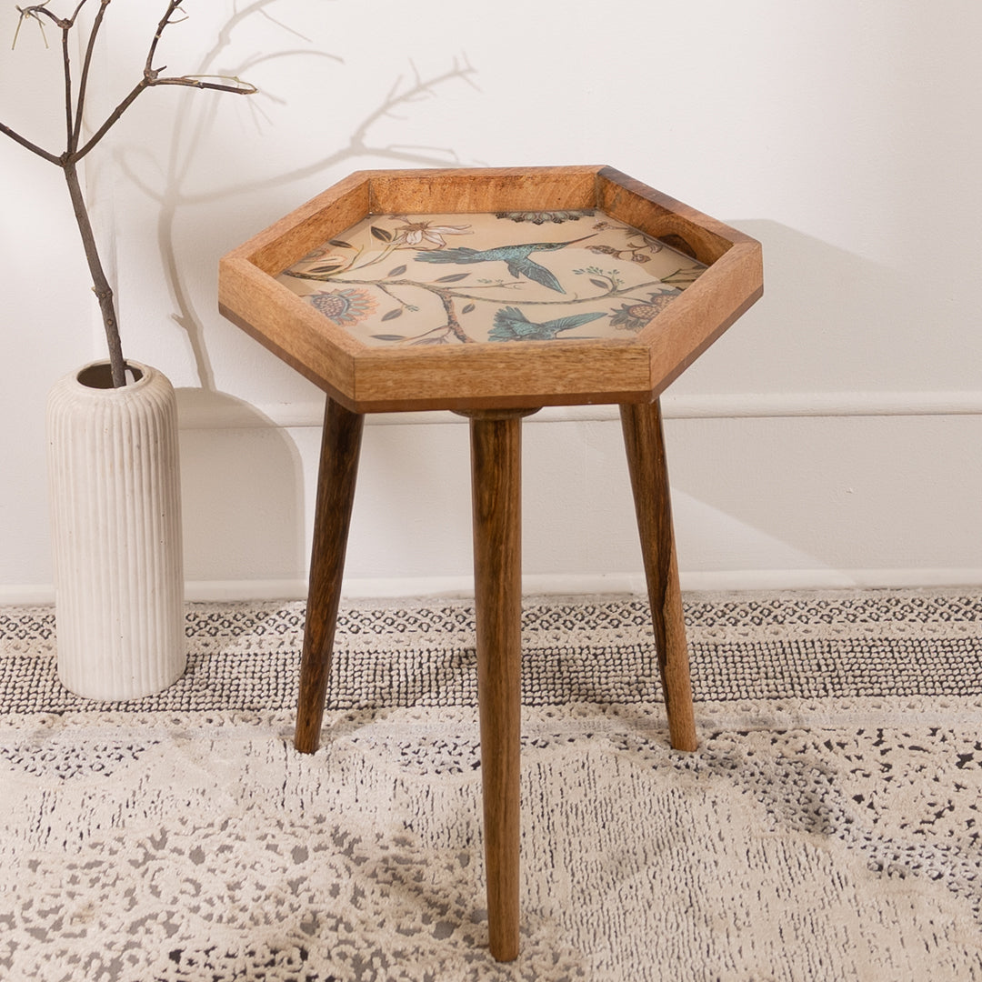 Mango Wood Hexagon Side End Table In Birdflower